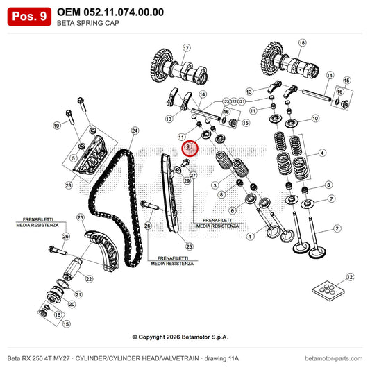 BETA SPRING CAP – OEM 052.11.074.00.00, position 9 on the Beta RX 250 4T MY27 cylinder/cylinder head/valvetrain drawing