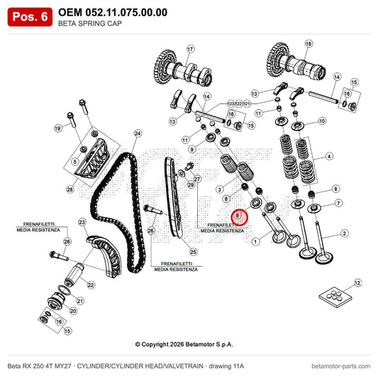 BETA SPRING CAP – OEM 052.11.075.00.00, position 6 on the Beta RX 250 4T MY27 cylinder/cylinder head/valvetrain drawing