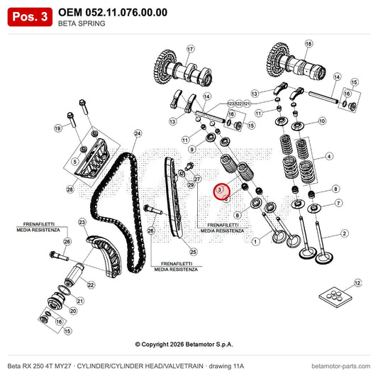 BETA SPRING – OEM 052.11.076.00.00, position 3 on the Beta RX 250 4T MY27 cylinder/cylinder head/valvetrain drawing