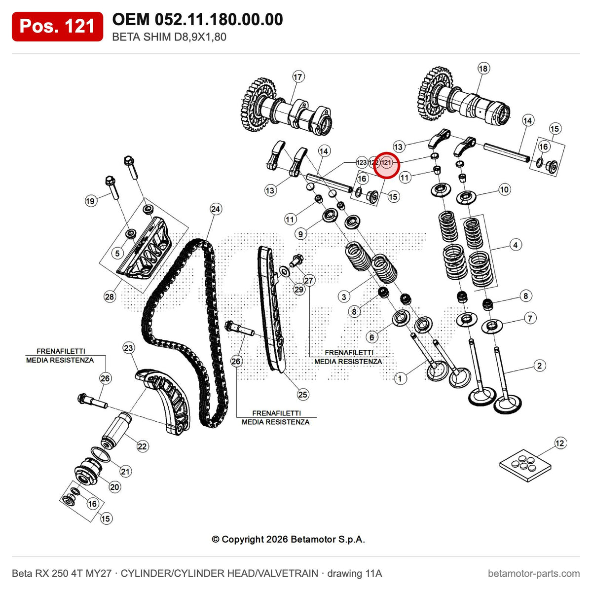 BETA SHIM D8,9X1,80 – OEM 052.11.180.00.00, position 121 on the Beta RX 250 4T MY27 cylinder/cylinder head/valvetrain drawing