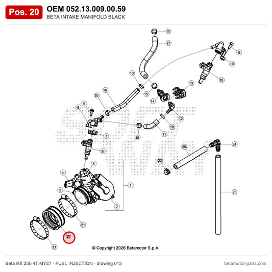 BETA INTAKE MANIFOLD BLACK – OEM 052.13.009.00.59, position 20 on the Beta RX 250 4T MY27 fuel injection drawing