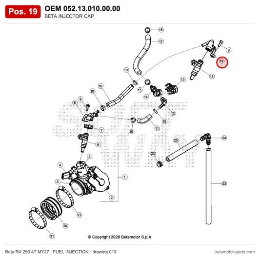 BETA INJECTOR CAP – OEM 052.13.010.00.00, position 19 on the Beta RX 250 4T MY27 fuel injection drawing