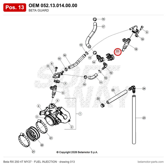 BETA GUARD – OEM 052.13.014.00.00, position 13 on the Beta RX 250 4T MY27 fuel injection drawing
