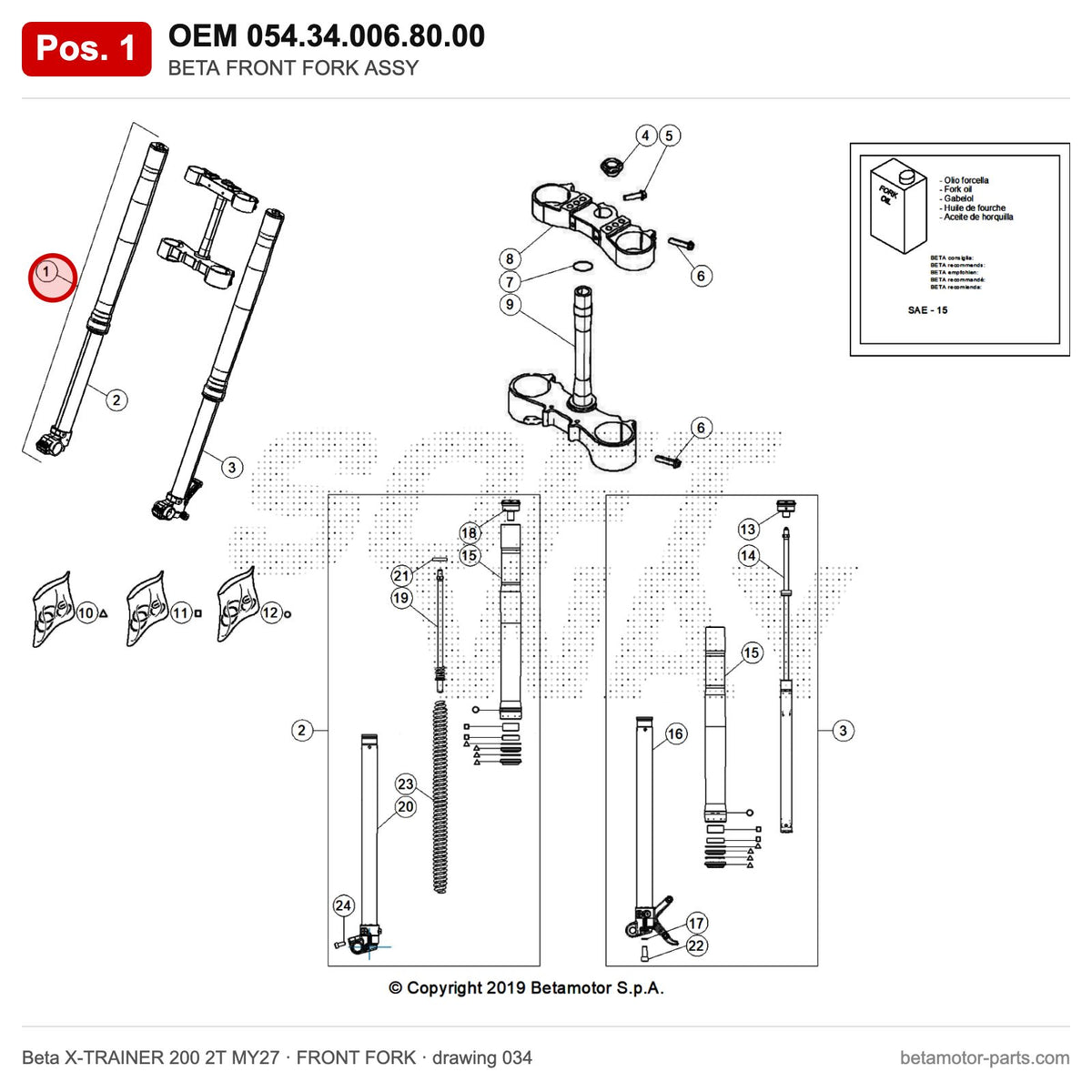 BETA FRONT FORK ASSY – OEM 054.34.006.80.00, position 1 on the Beta X-TRAINER 200 2T MY27 front fork drawing