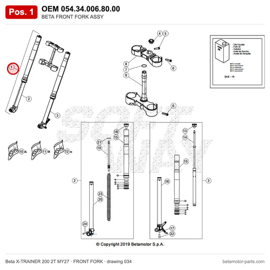 BETA FRONT FORK ASSY – OEM 054.34.006.80.00, position 1 on the Beta X-TRAINER 200 2T MY27 front fork drawing