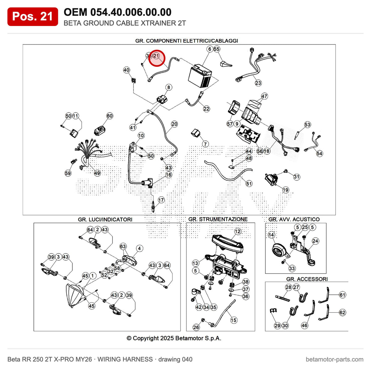 BETA GROUND CABLE XTRAINER 2T – OEM 054.40.006.00.00, position 21 on the Beta RR 250 2T X-PRO MY26 wiring harness drawing