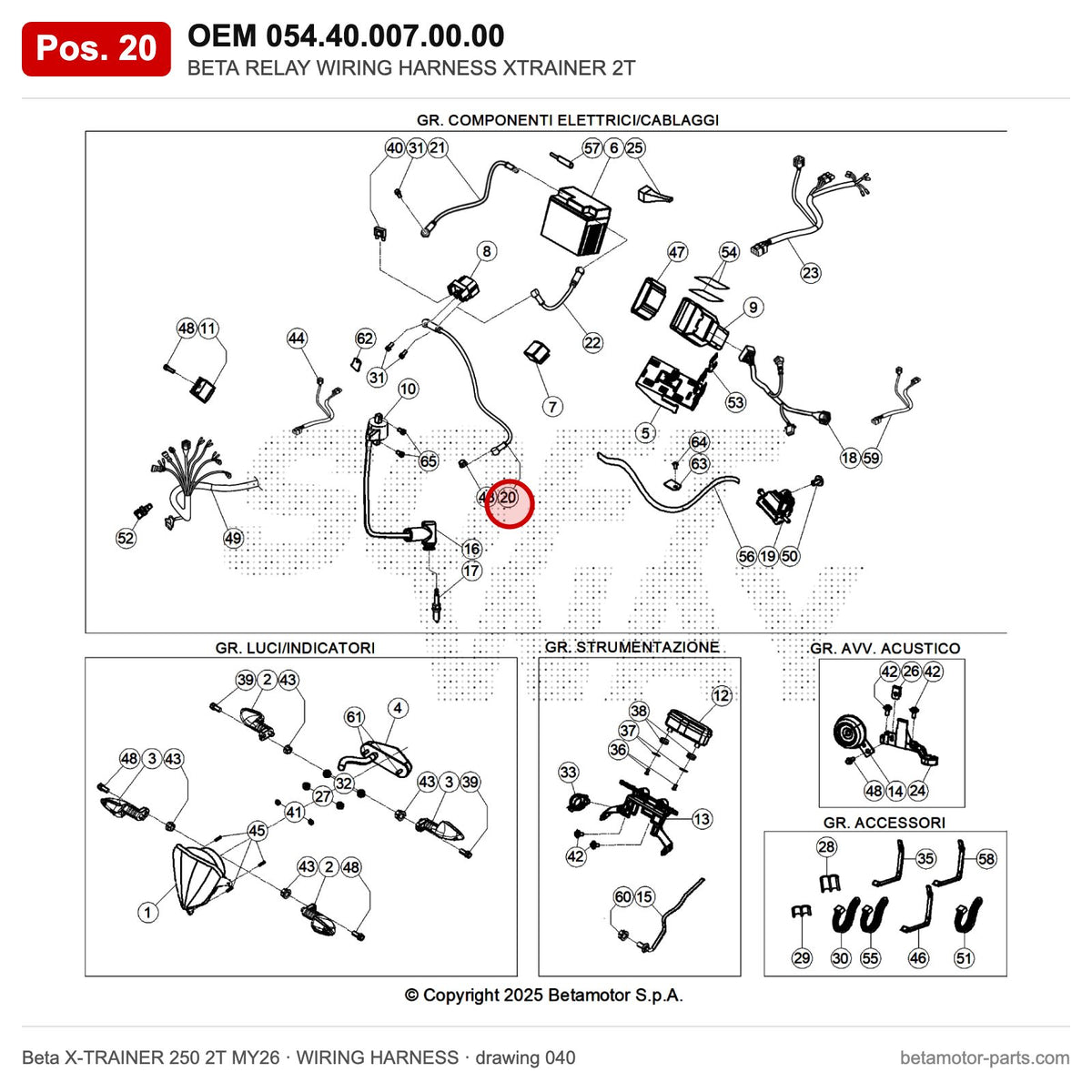 BETA RELAY WIRING HARNESS XTRAINER 2T – OEM 054.40.007.00.00, position 20 on the Beta X-TRAINER 250 2T MY26 wiring harness drawing