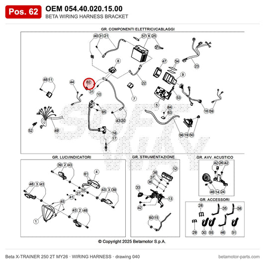 BETA WIRING HARNESS BRACKET – OEM 054.40.020.15.00, position 62 on the Beta X-TRAINER 250 2T MY26 wiring harness drawing