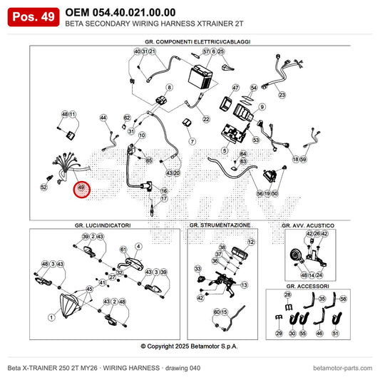 BETA SECONDARY WIRING HARNESS XTRAINER 2T – OEM 054.40.021.00.00, position 49 on the Beta X-TRAINER 250 2T MY26 wiring harness drawing