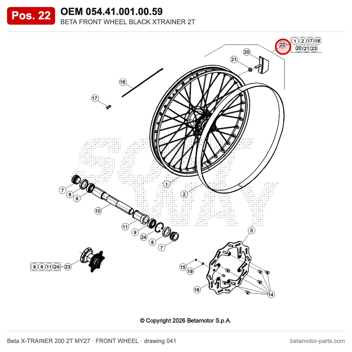 BETA FRONT WHEEL BLACK XTRAINER 2T – OEM 054.41.001.00.59, position 22 on the Beta X-TRAINER 200 2T MY27 front wheel drawing