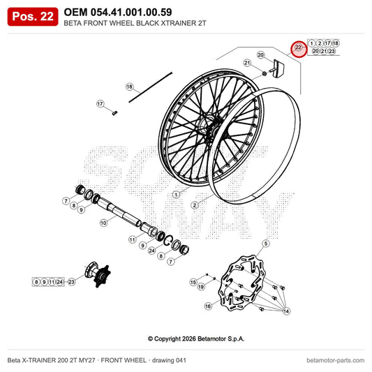 BETA FRONT WHEEL BLACK XTRAINER 2T – OEM 054.41.001.00.59, position 22 on the Beta X-TRAINER 200 2T MY27 front wheel drawing
