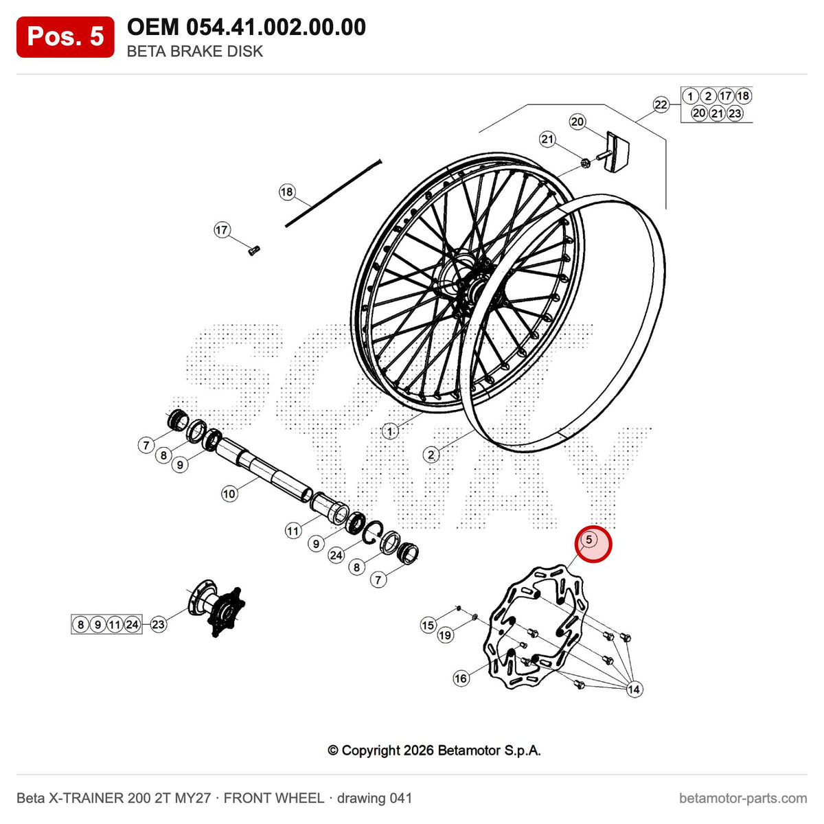 BETA BRAKE DISK – OEM 054.41.002.00.00, position 5 on the Beta X-TRAINER 200 2T MY27 front wheel drawing