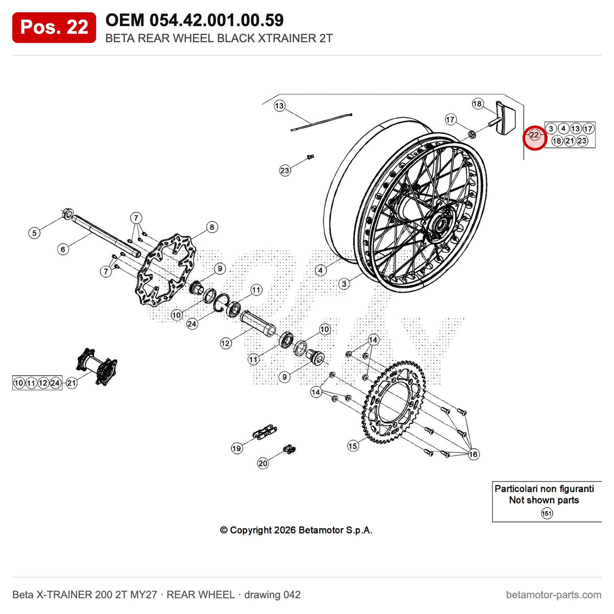 BETA REAR WHEEL BLACK XTRAINER 2T – OEM 054.42.001.00.59, position 22 on the Beta X-TRAINER 200 2T MY27 rear wheel drawing