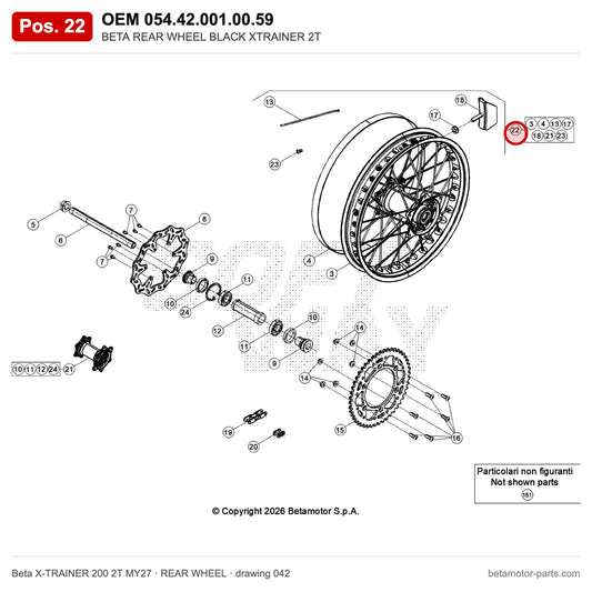 BETA REAR WHEEL BLACK XTRAINER 2T – OEM 054.42.001.00.59, position 22 on the Beta X-TRAINER 200 2T MY27 rear wheel drawing