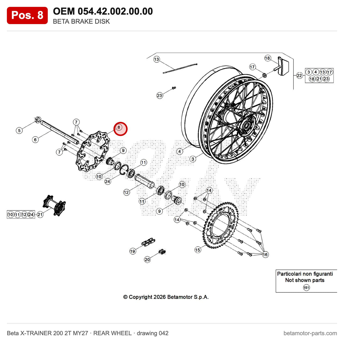 BETA BRAKE DISK – OEM 054.42.002.00.00, position 8 on the Beta X-TRAINER 200 2T MY27 rear wheel drawing