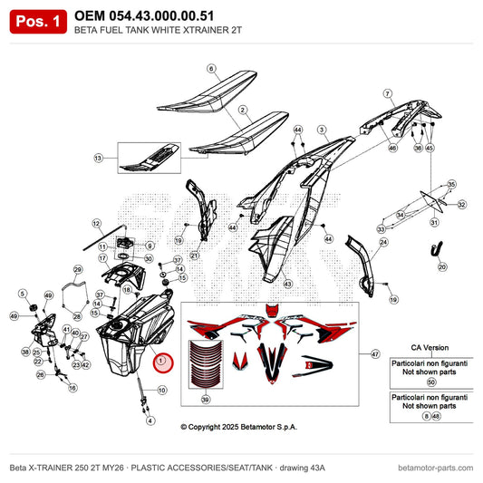 BETA FUEL TANK WHITE XTRAINER 2T – OEM 054.43.000.00.51, position 1 on the Beta X-TRAINER 250 2T MY26 plastic accessories/seat/tank drawing