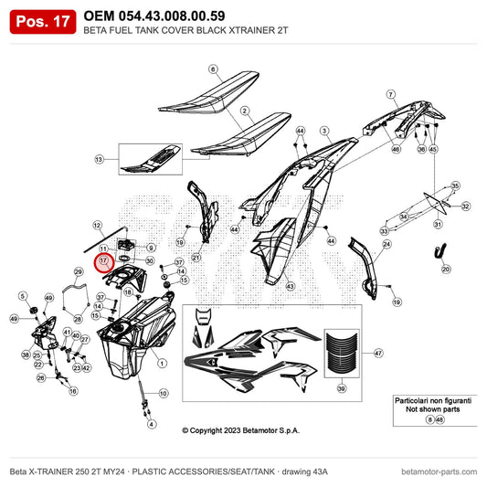 BETA FUEL TANK COVER BLACK XTRAINER 2T – OEM 054.43.008.00.59, position 17 on the Beta X-TRAINER 250 2T MY24 plastic accessories/seat/tank drawing