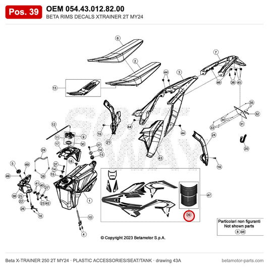 BETA RIMS DECALS XTRAINER 2T MY24 – OEM 054.43.012.82.00, position 39 on the Beta X-TRAINER 250 2T MY24 plastic accessories/seat/tank drawing