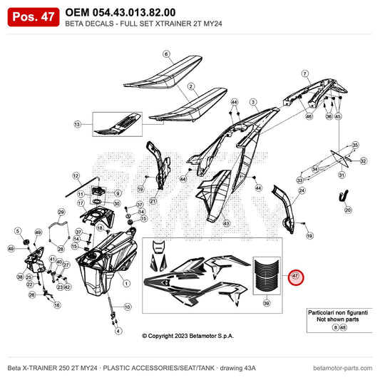 BETA DECALS - FULL SET XTRAINER 2T MY24 – OEM 054.43.013.82.00, position 47 on the Beta X-TRAINER 250 2T MY24 plastic accessories/seat/tank drawing