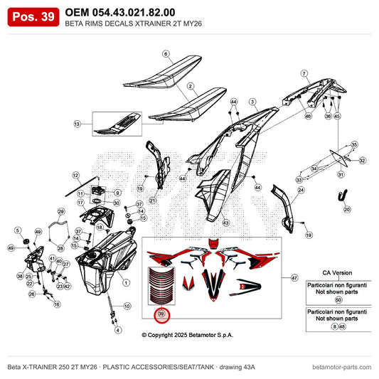 BETA RIMS DECALS XTRAINER 2T MY26 – OEM 054.43.021.82.00, position 39 on the Beta X-TRAINER 250 2T MY26 plastic accessories/seat/tank drawing