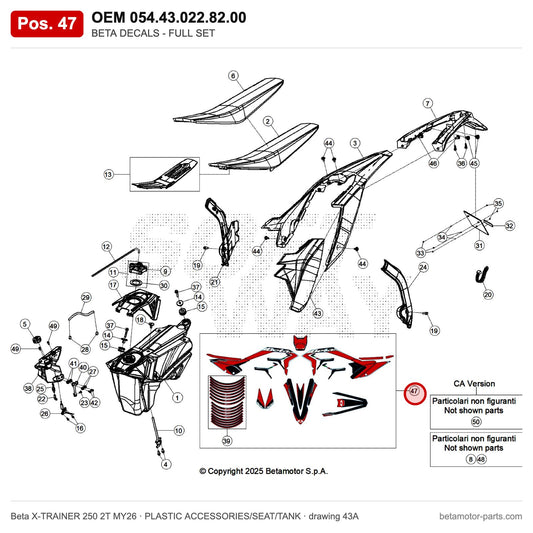 BETA DECALS - FULL SET XTRAINER 2T MY26 – OEM 054.43.022.82.00, position 47 on the Beta X-TRAINER 250 2T MY26 plastic accessories/seat/tank drawing