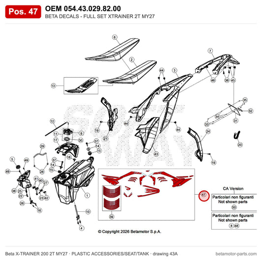BETA DECALS - FULL SET XTRAINER 2T MY27 – OEM 054.43.029.82.00, position 47 on the Beta X-TRAINER 200 2T MY27 plastics drawing