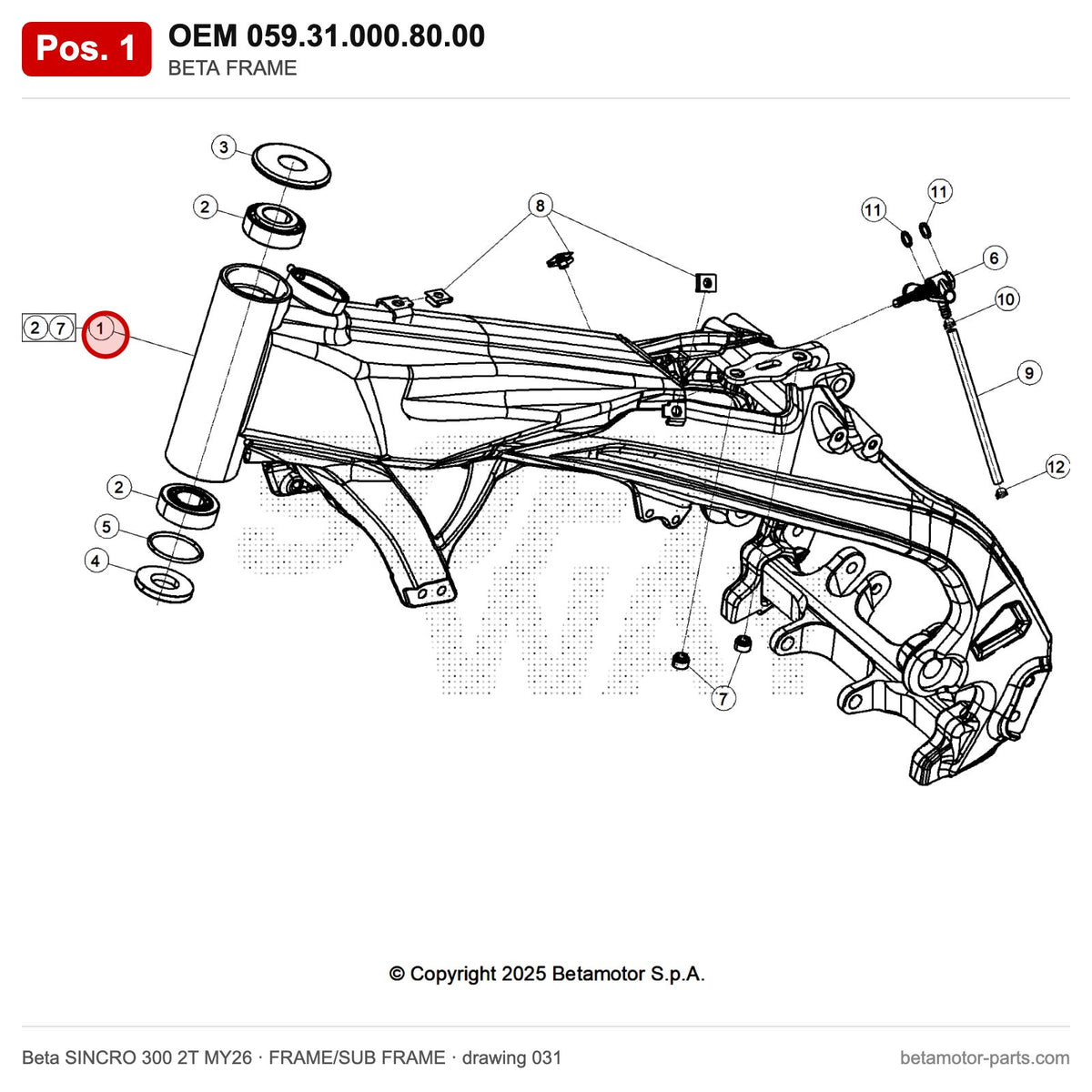 BETA FRAME – OEM 059.31.000.80.00, position 1 on the Beta SINCRO 300 2T MY26 frame/sub frame drawing