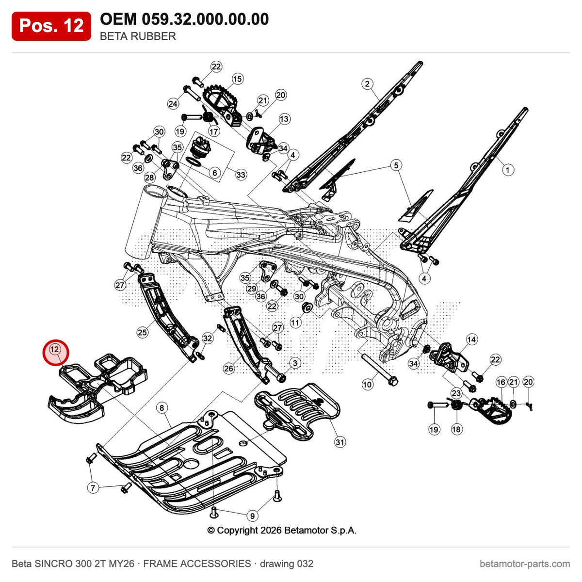 BETA RUBBER – OEM 059.32.000.00.00, position 12 on the Beta SINCRO 300 2T MY26 frame accessories drawing