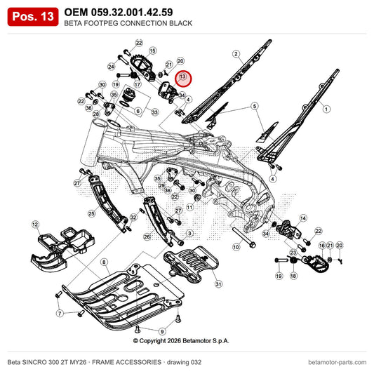 BETA FOOTPEG CONNECTION BLACK – OEM 059.32.001.42.59, position 13 on the Beta SINCRO 300 2T MY26 frame accessories drawing