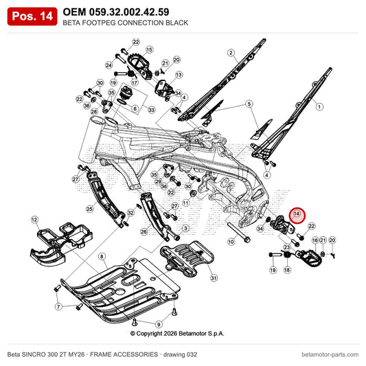 BETA FOOTPEG CONNECTION BLACK – OEM 059.32.002.42.59, position 14 on the Beta SINCRO 300 2T MY26 frame accessories drawing