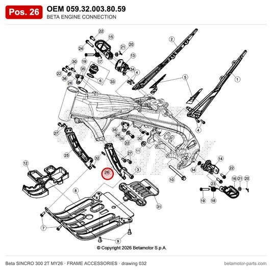 BETA ENGINE CONNECTION – OEM 059.32.003.80.59, position 26 on the Beta SINCRO 300 2T MY26 frame accessories drawing