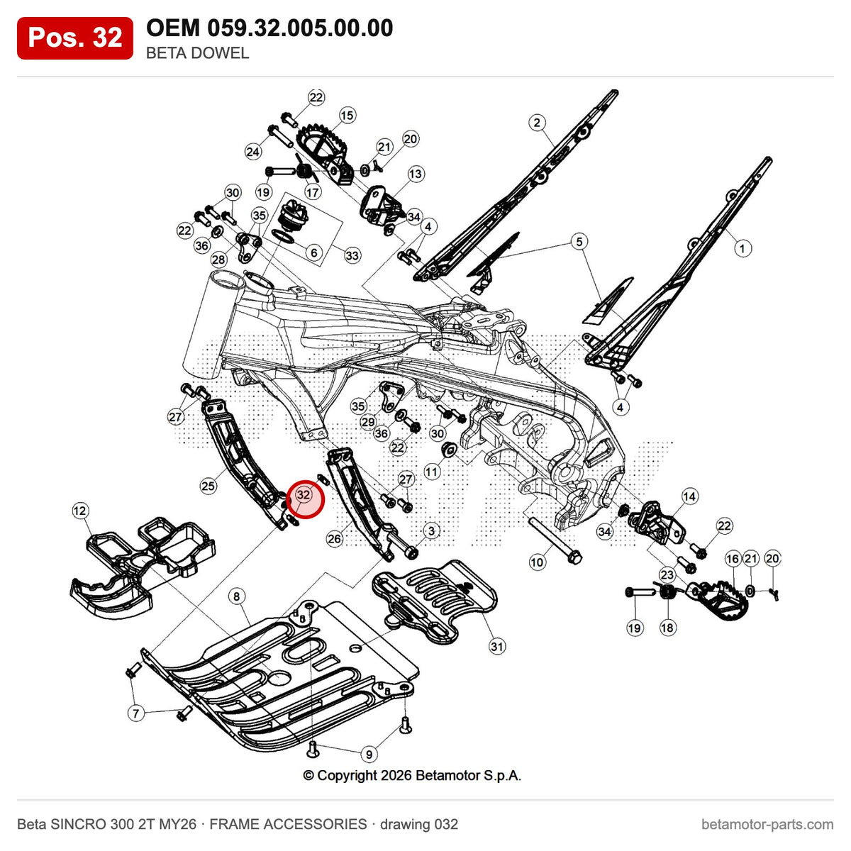 BETA DOWEL – OEM 059.32.005.00.00, position 32 on the Beta SINCRO 300 2T MY26 frame accessories drawing
