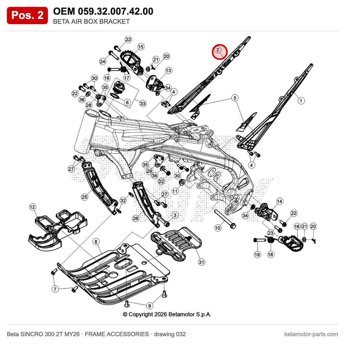 BETA AIR BOX BRACKET – OEM 059.32.007.42.00, position 2 on the Beta SINCRO 300 2T MY26 frame accessories drawing
