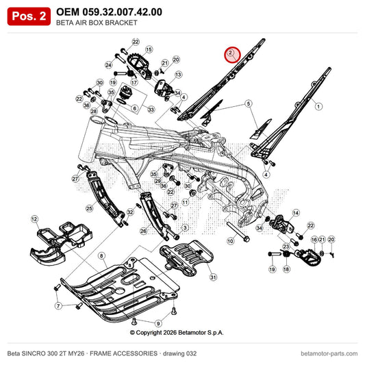 BETA AIR BOX BRACKET – OEM 059.32.007.42.00, position 2 on the Beta SINCRO 300 2T MY26 frame accessories drawing