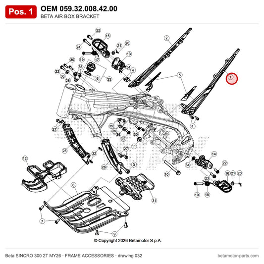BETA AIR BOX BRACKET – OEM 059.32.008.42.00, position 1 on the Beta SINCRO 300 2T MY26 frame accessories drawing