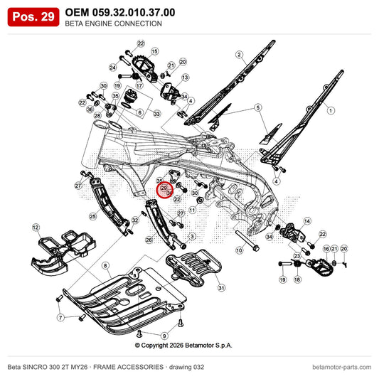 BETA ENGINE CONNECTION – OEM 059.32.010.37.00, position 29 on the Beta SINCRO 300 2T MY26 frame accessories drawing