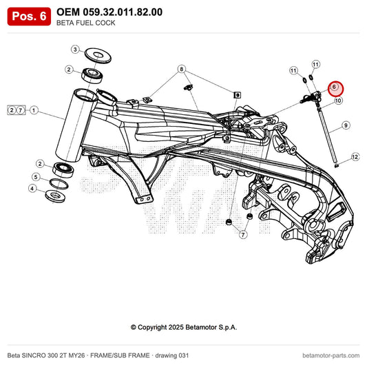 BETA FUEL COCK – OEM 059.32.011.82.00, position 6 on the Beta SINCRO 300 2T MY26 frame/sub frame drawing