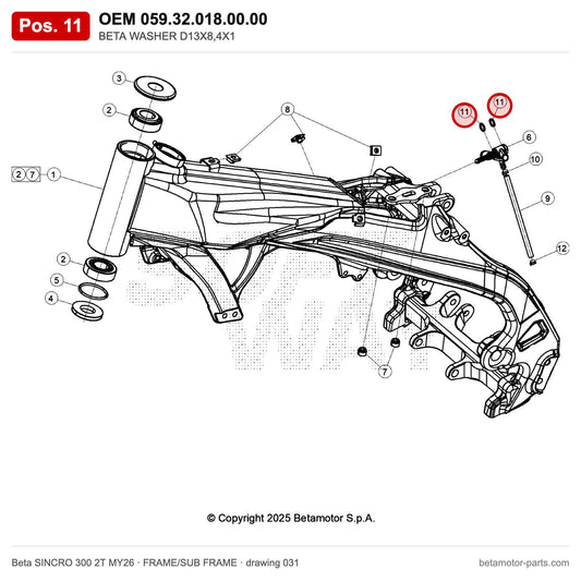 BETA WASHER D13X8,4X1 – OEM 059.32.018.00.00, position 11 on the Beta SINCRO 300 2T MY26 frame/sub frame drawing