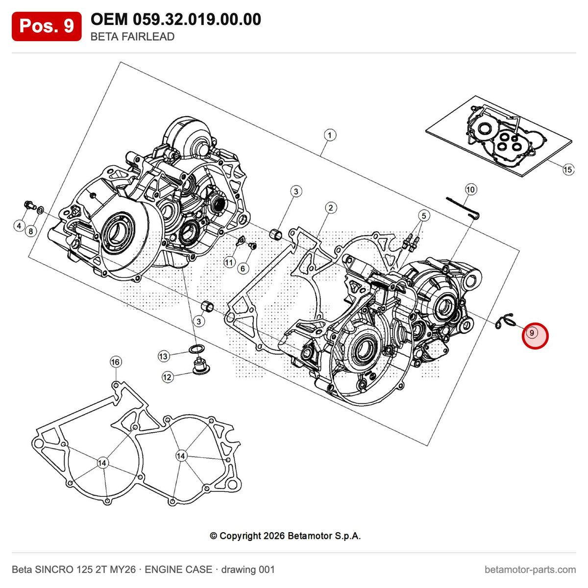 BETA FAIRLEAD – OEM 059.32.019.00.00, position 9 on the Beta SINCRO 125 2T MY26 engine case drawing