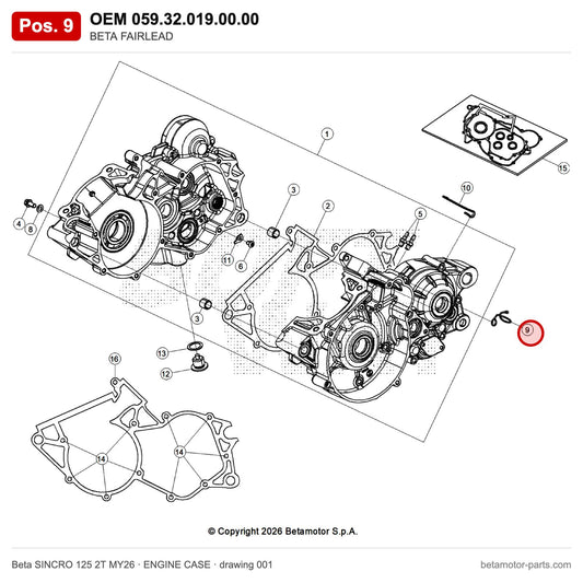 BETA FAIRLEAD – OEM 059.32.019.00.00, position 9 on the Beta SINCRO 125 2T MY26 engine case drawing