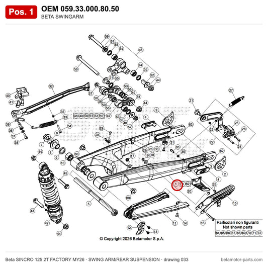 BETA SWINGARM – OEM 059.33.000.80.50, position 1 on the Beta SINCRO 125 2T FACTORY MY26 swing arm/rear suspension drawing