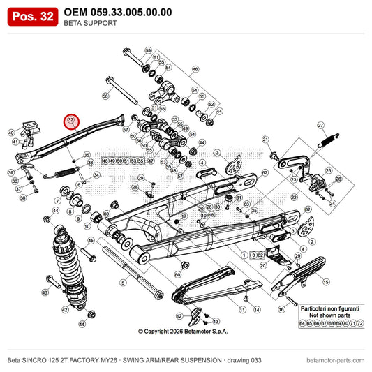 BETA SUPPORT – OEM 059.33.005.00.00, position 32 on the Beta SINCRO 125 2T FACTORY MY26 swing arm/rear suspension drawing