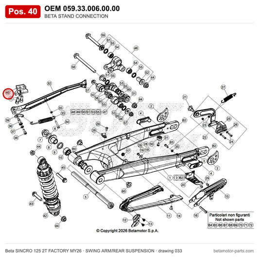 BETA STAND CONNECTION – OEM 059.33.006.00.00, position 40 on the Beta SINCRO 125 2T FACTORY MY26 swing arm/rear suspension drawing