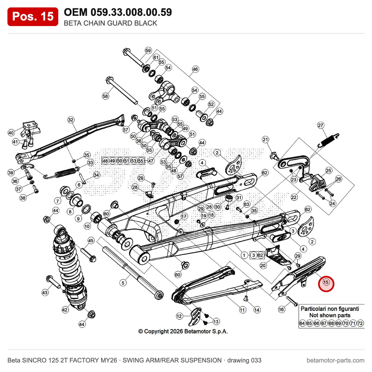 BETA CHAIN GUARD BLACK – OEM 059.33.008.00.59, position 15 on the Beta SINCRO 125 2T FACTORY MY26 swing arm/rear suspension drawing