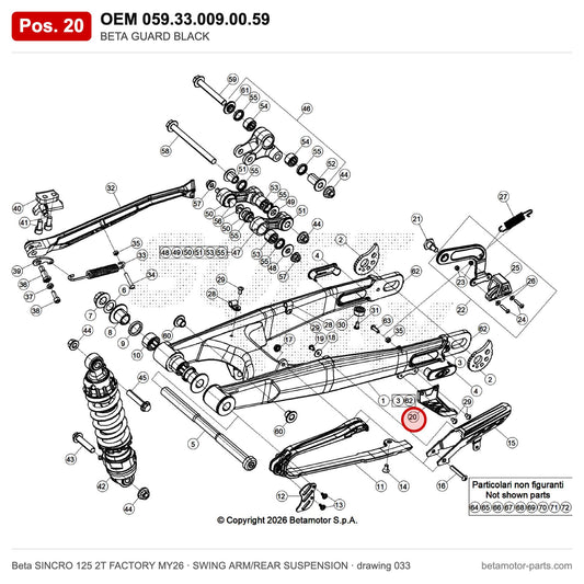 BETA GUARD BLACK – OEM 059.33.009.00.59, position 20 on the Beta SINCRO 125 2T FACTORY MY26 swing arm/rear suspension drawing
