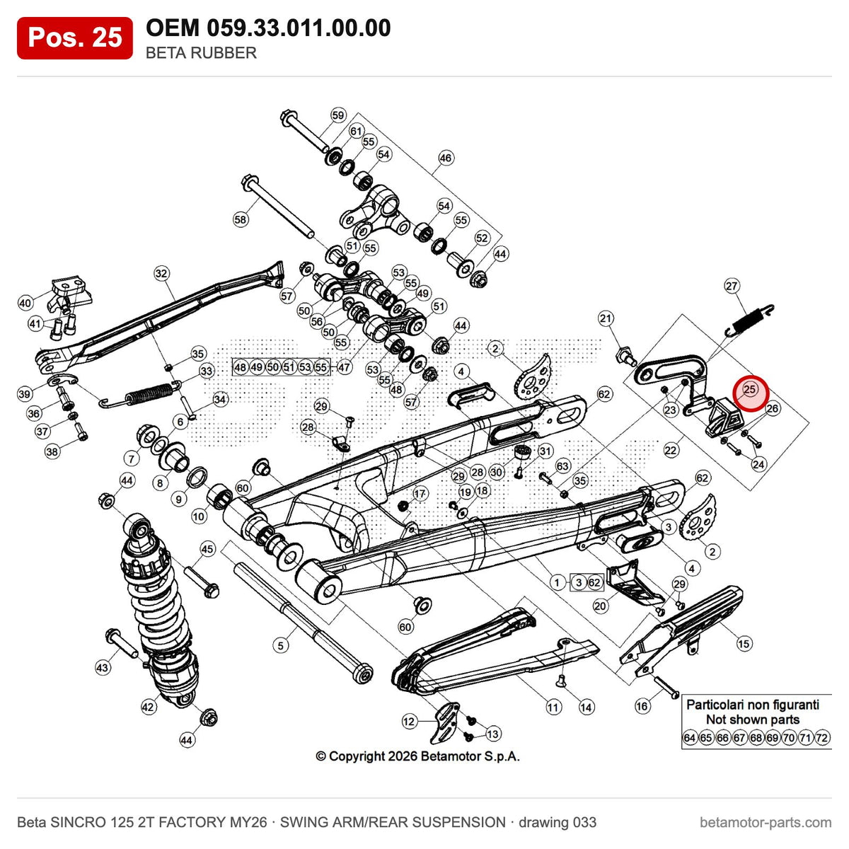 BETA RUBBER – OEM 059.33.011.00.00, position 25 on the Beta SINCRO 125 2T FACTORY MY26 swing arm/rear suspension drawing
