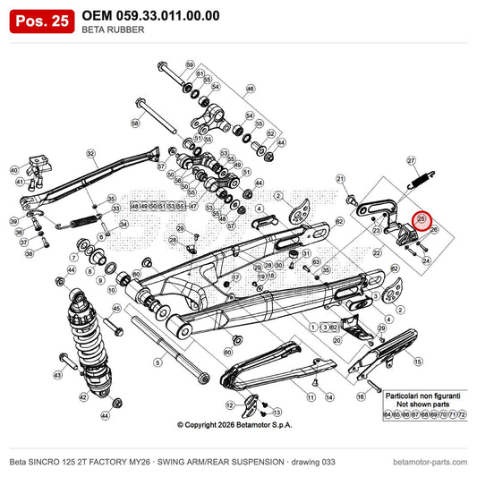 BETA RUBBER – OEM 059.33.011.00.00, position 25 on the Beta SINCRO 125 2T FACTORY MY26 swing arm/rear suspension drawing