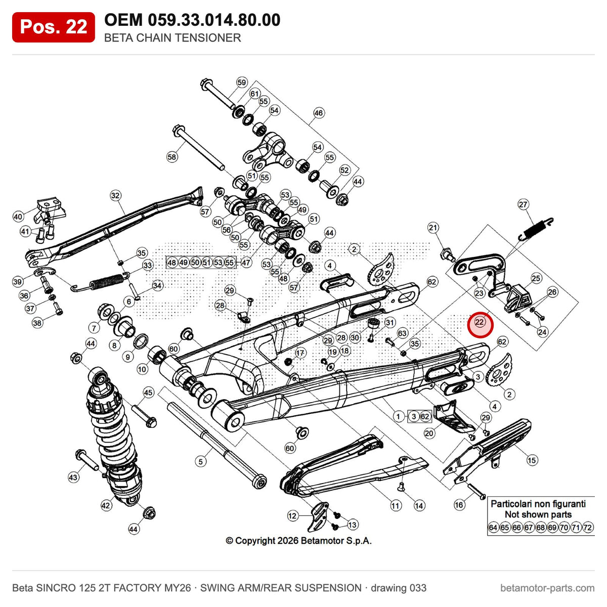 BETA CHAIN TENSIONER – OEM 059.33.014.80.00, position 22 on the Beta SINCRO 125 2T FACTORY MY26 swing arm/rear suspension drawing