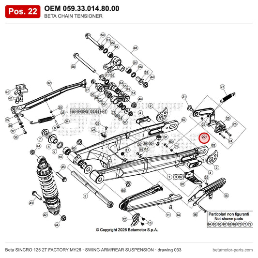 BETA CHAIN TENSIONER – OEM 059.33.014.80.00, position 22 on the Beta SINCRO 125 2T FACTORY MY26 swing arm/rear suspension drawing