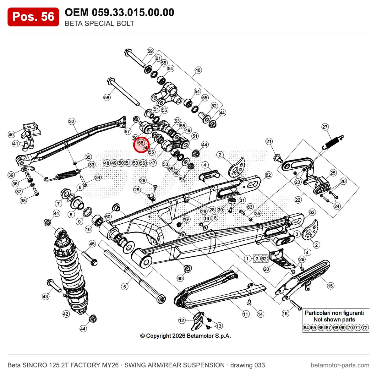 BETA SPECIAL BOLT – OEM 059.33.015.00.00, position 56 on the Beta SINCRO 125 2T FACTORY MY26 swing arm/rear suspension drawing